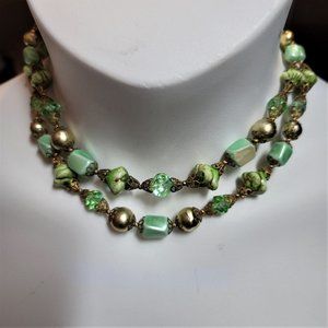 Vintage Double Strand Choker Mint Green Goldtone Necklace